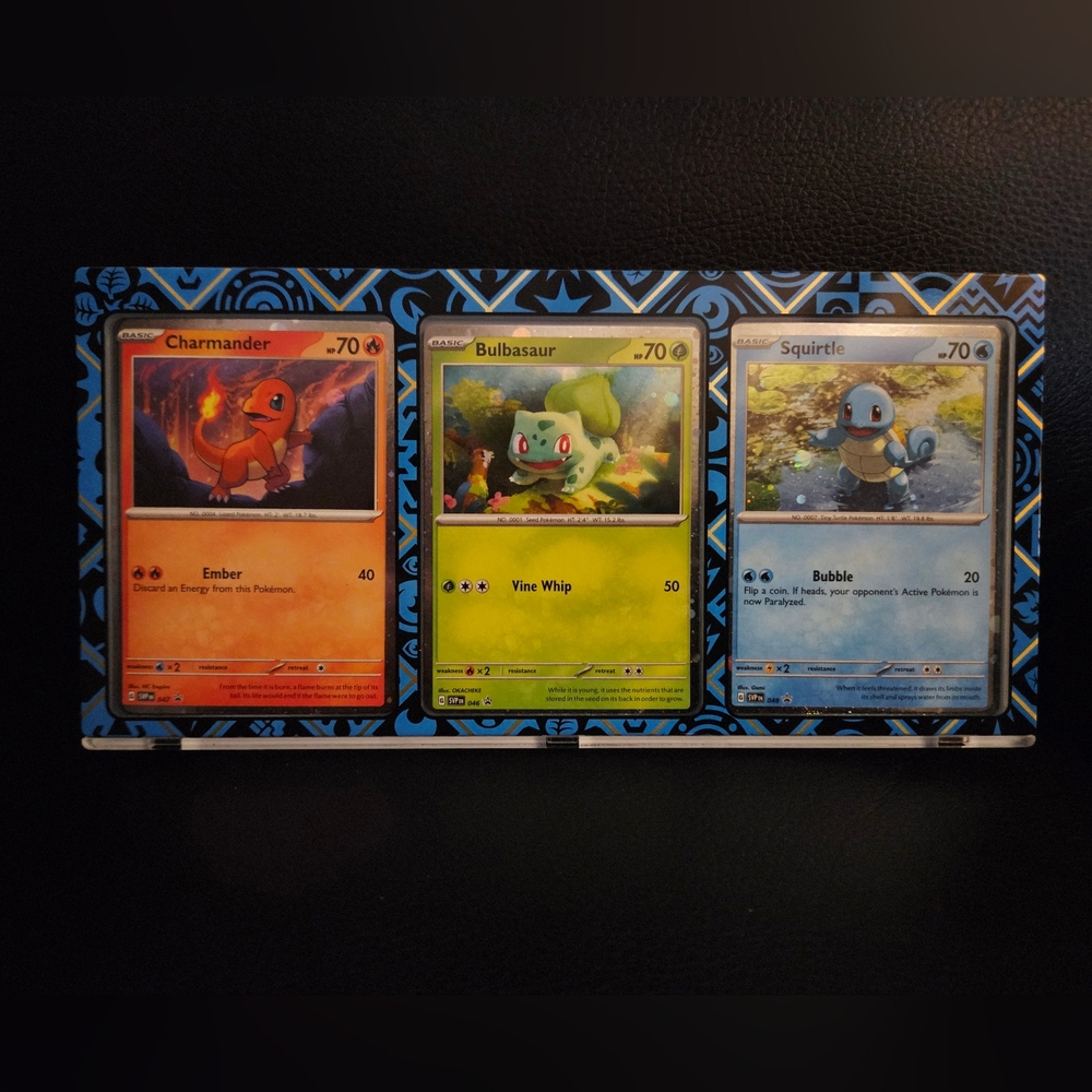 Pokemon Charmander, Bulbasaur, Squirtle Cosmos Holo Promo Set w/ blue Stand